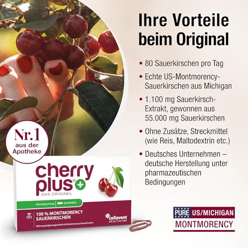 US-Montmorency-Sauerkirschen Kapseln – hochdosierter Sauerkirschen-Extrakt – 55.000 mg pro Tagesdosis – Cherry PLUS
