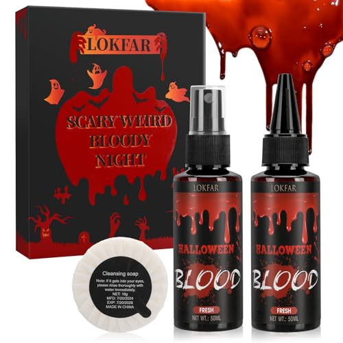 4 IN 1 Fake Blood Kit，Fake Blood 1.69oz X2 + Spray Head+Dripping Head+Cleaning Soap【Washable】【Realistic Effect】【Skin Friendly】Professional Fake Blood Makeup Kit For Halloween/Cosplay，Fresh X2