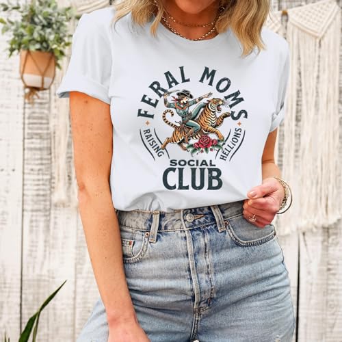 Image of Mama Shirts for Women Cool Feral Moms Social Club T-Shirt Vintage Western Graphic Shirt Funny Mothers Day Tee Tops
