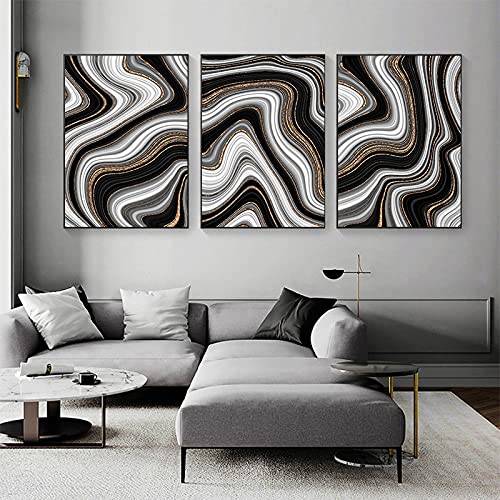 Peinture décoration de salon agate fluide et marbre doré grand format x3