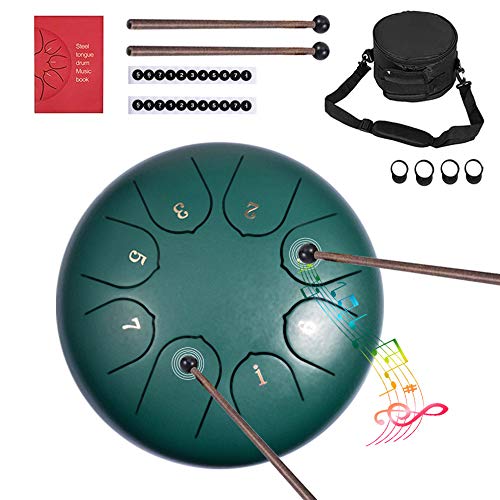 Tongue Drum, Careslong Instrumento de percusión de 10 Pulgadas Tambor panorámico 11 Notas Tambor de Tanque con Bolsa de Tambor Acolchada y un par de mazas (verde)