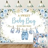 Cute Clothes Baby Shower Backdrop for Boys Blue Flowers Leaves a Sweet Baby Boy is on The Way Background Newborn Kids Baby Shower Birthday Party Decorations Banner Supplies Photo Props (Blue, 6x4FT)