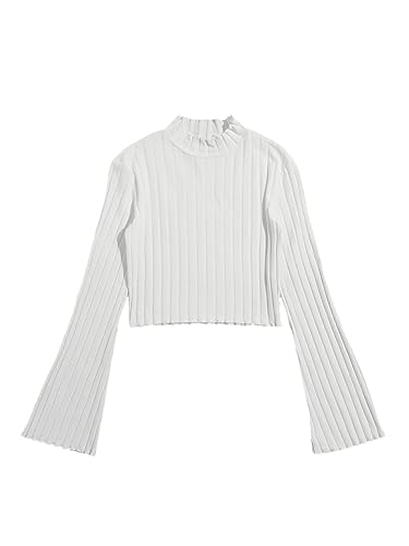 SweatyRocks Women's Long Flounce Sleeve Crop Top Stand Collar Ribbed Knit T-Shirt - X-Large White