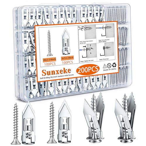 Image of 200 Pcs Self Drilling Drywall Anchors with Screws,100 Sheetrock Anchors (0.47x1.18 Inch) &100 Zinc Expansion Screws,Upgraded Zinc Plated Steel,No Drill Needed,Perfect for Wall Hanging(Sliver）