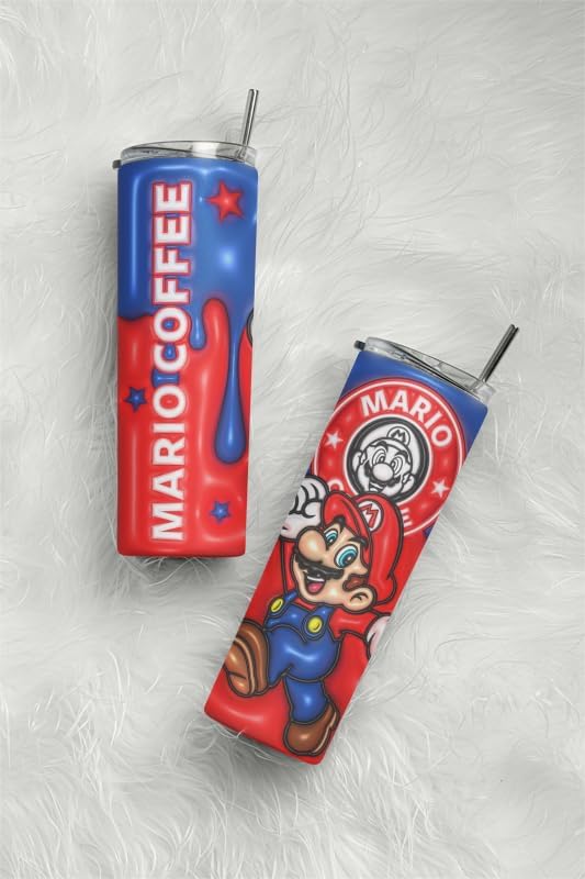 Mario - Vaso aislado de café con tapa y pajilla, vaso de viaje reutilizable para agua, batidos y té. Taza de café helado de 20 onzas con tapa y