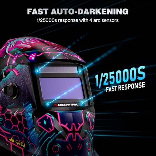 Image of ARCCAPTAIN Large Viewing Screen Welding Helmet, 1 /1 /1 /1 Top Optical Clarity Auto Darkening Welding Hood, 4 Arc Sensor 1 /25000s Response Time True Color Weld Hood Helmet HSH-S800 Cyberpunk