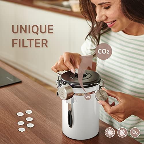 Coffee Canister Airtight Coffee Container - Stainless Steel Coffee Storage for Beans, Grounds, Tea, Sugar - Airtight Canister with Date Tracker, Scoop, CO2 Valve Filters, Large Coffee Jar 625g, White
