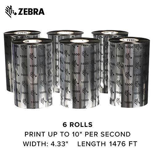 Zebra Standard Black Wax Ribbon For Industrial Thermal Transfer Printers 4.33 In Wide 1476 Ft Long 1 In Core Pack Of 6 Rolls Compatible With Multiple Models 10031729Sp #TOP6