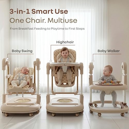 Image of R for Rabbit Marshmallow Trio 3 in 1 High Chair for Kids with Swing & Baby Walker | Light & Music Toy Tray, Dual Meal Tray, 5-Point Harness, Feeding Chair for 6 Months to 5 Years (Beige)