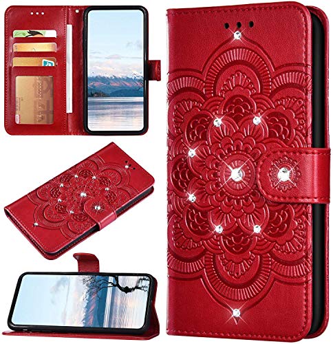 Robinsoni Case Compatible with Nokia 7.2 Shiny Case Sparkle Glitter PU Leather Wallet Cover Lavish Bling Diamond Embossed Mandala Printed Book Case Folio Flip Kickstand Glossy Magnetic Case Red