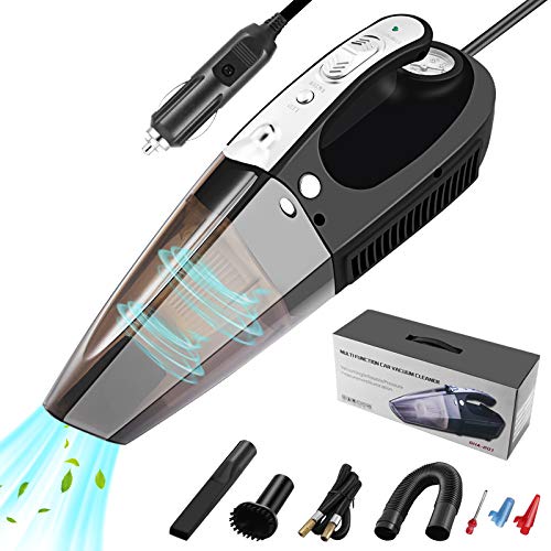 Car Vacuum Cleaner, 4-in-1 Handheld Vacuum Cleaner with LED Light, Tire Pressure Gauge and Car Inflator,12V DC, 100W/6000Pa Strong Power Suction, HEPA Filter, for Wet and Dry