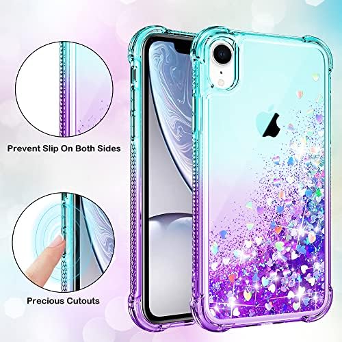 Compatible with iPhone XR Case [with Screen Protector] Clear Liquid Heart Glitter Bumper Cover Soft TPU Cover Transparent Girly Protective Holographic Heart Phone Case for iPhone XR,Teal/Purple
