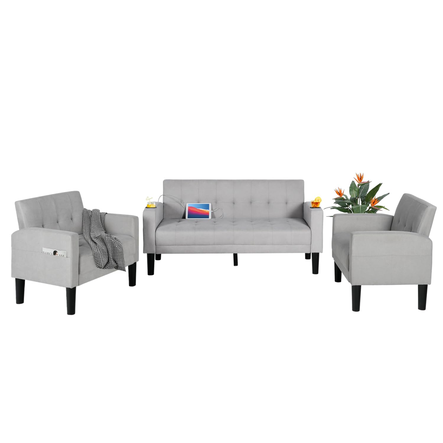 AILEEKISS 3 Piece Living Room Sofa Set Loveseat Sofas Sets with 2 USB,Cup Holders,Side Pocket, Modern Fabric 3 Pcs Sectional Couches Set for Apartment