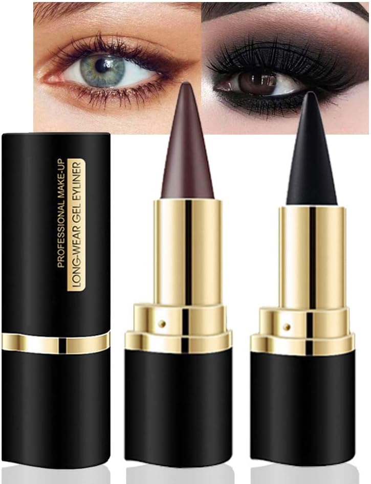 Kaely 2Pcs Black Brown Gel Eyeliner Pencil Set,Natural Cream Eye Liner Waterproof Smudge Proof,Cat Eye Black Smokey Eyeshadow Palette Stick,Goth Halloween Makeup,delineador de ojos contra el agua