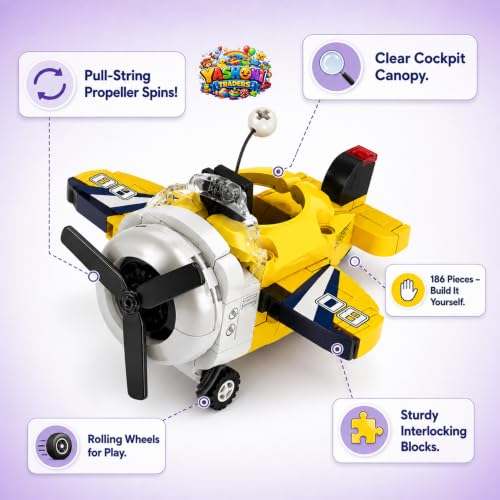 Image of Yashoni Mono Plane Building Blocks Set - 186 Pcs Racing Stunt Aircraft Model | Pull String Propeller Action, STEM Construction Toy for Kids 6+ Boys & Girls | Educational 3D Building Kit, Gift