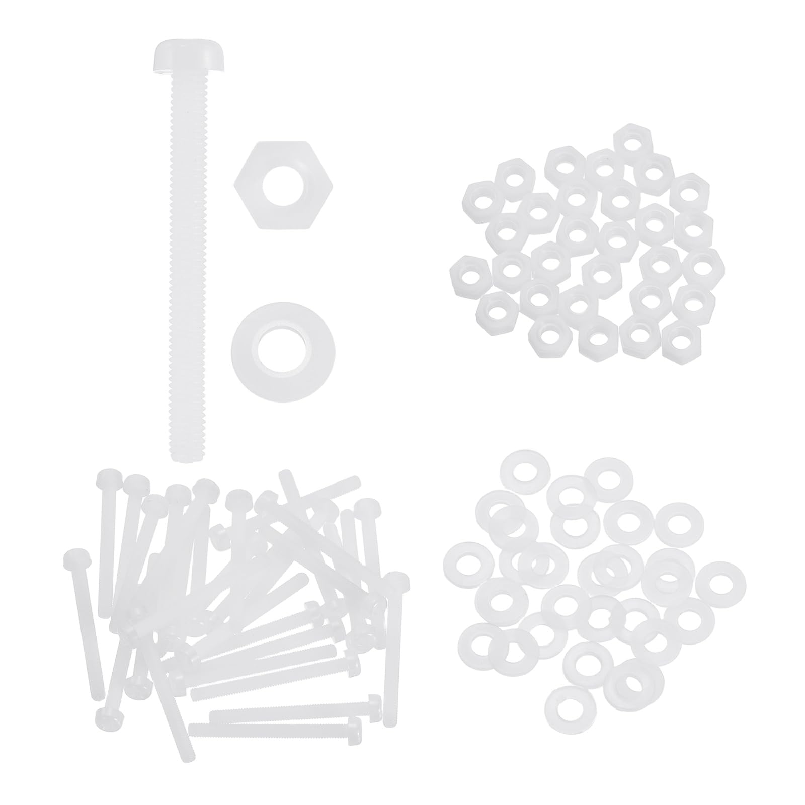 sourcing map 30 Set M3x30mm Nylon PA66 Plastic Cross Round Head Screw Phillips Bolts Hex Nuts Flat Washers Assortment Kit, Metric Full Thread Bolt Fasteners for DIY Machine Assembly, White
