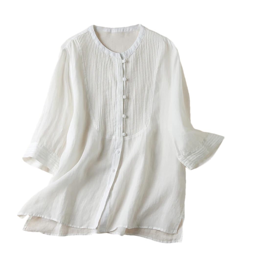 Wvapzxx Damskie letnie bawełniane lniane koszule w stylu vintage jednolity kolor luźne plisowane bluzki z krótkim rękawem