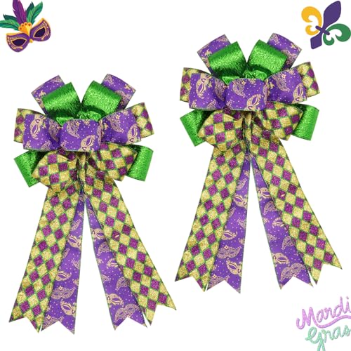 Large Mardi Gras Bows for Wreath 20x11 Inch, 2 Pack Pre-Tied Glitter Wired Burlap Ribbon Bow, Purple Gold Green Tree Topper Bow for Front Door Indoor Outdoor Spring Decoration (Gold)