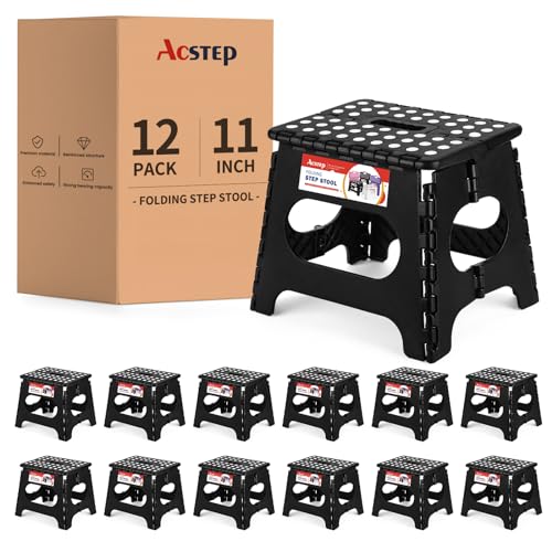 Image of 12 Pack 11 Inch Folding Step Stool, Sturdy Plastic Foldable Step Stool for Kids & Adults, Non Slip Lightweight Collapsible Foot Stools Holds 300 lbs, Ideal for Kitchen, Bathroom, Outdoor, Black
