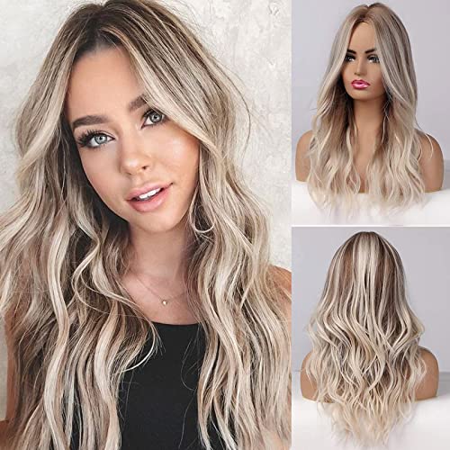 Emmor Graublond Highlight Perücken für Frauen Lang Curly Mittelteil Hitzebeständige synthetische Perücken Cover