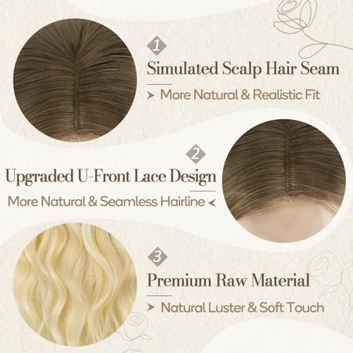 BARSDAR Long Blonde Wavy Wig, 26 Inch Middle Part Lace Front Natural Soft Synthetic Hair, Ombre Blonde, Ombre Platinum Blonde - Image 3