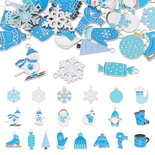 Beadthoven 20個セット 冬テーマ アロイエナメルチャーム プラチナ色 雪の結晶 手袋 マフラー ベア サンタ 靴 キャラチャーム ミックス形 アクセサリーパーツ ビーズ手芸 ダイヤモンド絵付け チャーム ペンダントトップ DIY スクラップブッ