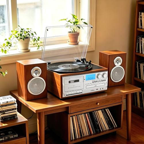 Image of Record Player with Two Full-Range External Speakers 10 in 1 Vintage Turntable CD Cassette Tape Player AM FM Radio 3 Speed BT Input & Output LP Players Support USB SD AUX RCA Auto Stop Retro Red Brown