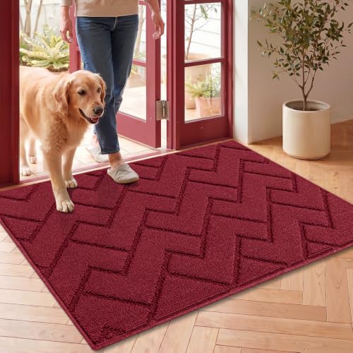 Image of hicorfe Front Door Mat Outside Entrance,24 inchx35 inch Absorbent Muddy Dirt Resist Welcome Door Mats Outdoor Indoor,Stain and Fade Resistant,Non Slip Backing Entry Mat Doormat for Entryway (Red)
