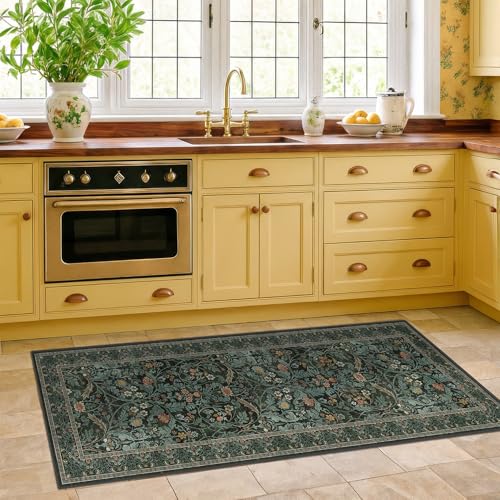 Small 2x5 Farmhouse Kitchen Rugs - Bathroom Rugs Non Slip, Dark Green Floral Pattern Soft Carpet Runner for Entryway, Bedroom Bedside, Waterproof Mats