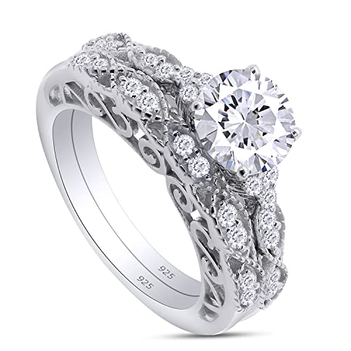 SAVEARTH DIAMONDS 1.5ct Center 7.5mm G-H-I Color Round Cut Vintage/Antique Lab Created Moissanite Engagement Ring Bridal Set In 14K Gold Over Sterling Silver For Women