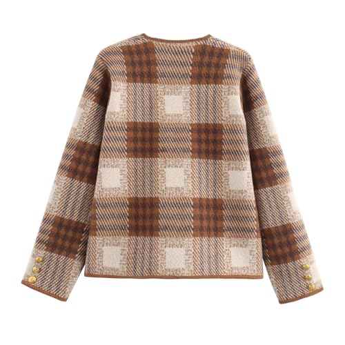 Women's Open Front Knit Lightweight Sweater Vintage Plaid Cardigans 2025 Winter Warm Coats with Pockets2