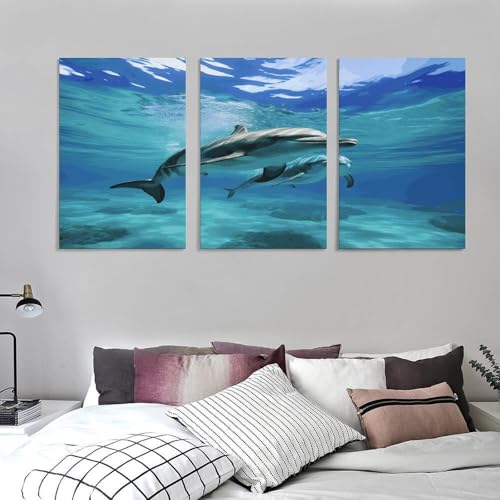 Toile murale dauphin marin triptyque vertical de qualité supérieure