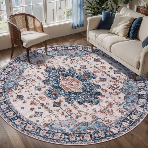 Image of Tangsoo Washable Round Rug 4ft, Oriental Non Slip Small Circle Rug Blue