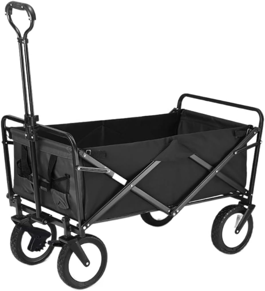 Portable Camping Cart,Portable Folding Beach Camping Wagon with Steel Brakes Garden Cart with 4 Wheels Foldable Hand Transport Trolley for Festivals Black