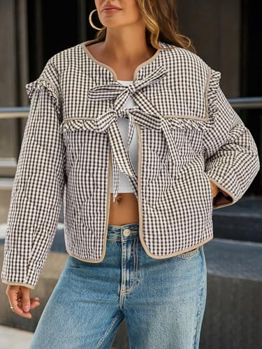 Tankaneo Womens Plaid Quilted Jackets Tie Front Lightweight Cropped Jacket Ruffled Puffer Padded Coat with Pockets4