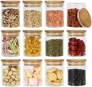Yishik 12 Pack 200ml Glass Jars with Bamboo Lid,Kitchen Food Storage Canister for Spices,Foods,Candy,Tea, Nuts and Snacks(40 Labels as gift)