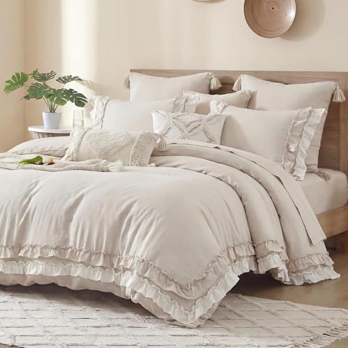 Bedorm Beige Ruffled Comforter Set Queen Boho Bedding Set Cream