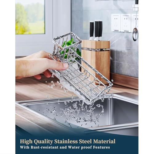 Image of BEHAHAI Sink Organiser, Stainless Steel, Wall Mount, with Brush Holder, Sponge Holder Cup, Drain Tray, Silver, for Kitchen and Washroom.