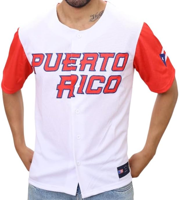 Puerto Rico #12 Baseball Jersey – Red and White Embroidered Front- Button-Up - Sleeves Patches, Sports Shirt Art Deco 2XLarge