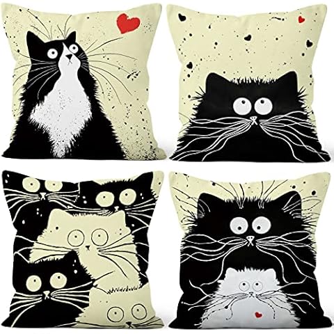 Aoihrraan Fundas de Cojines Juego de 4, Corazón De Amor Rojo De Dibujos Animados De Gato Blanco Y Negro Cuadrado Corto De Felpa Suave Funda De Almohada Cover