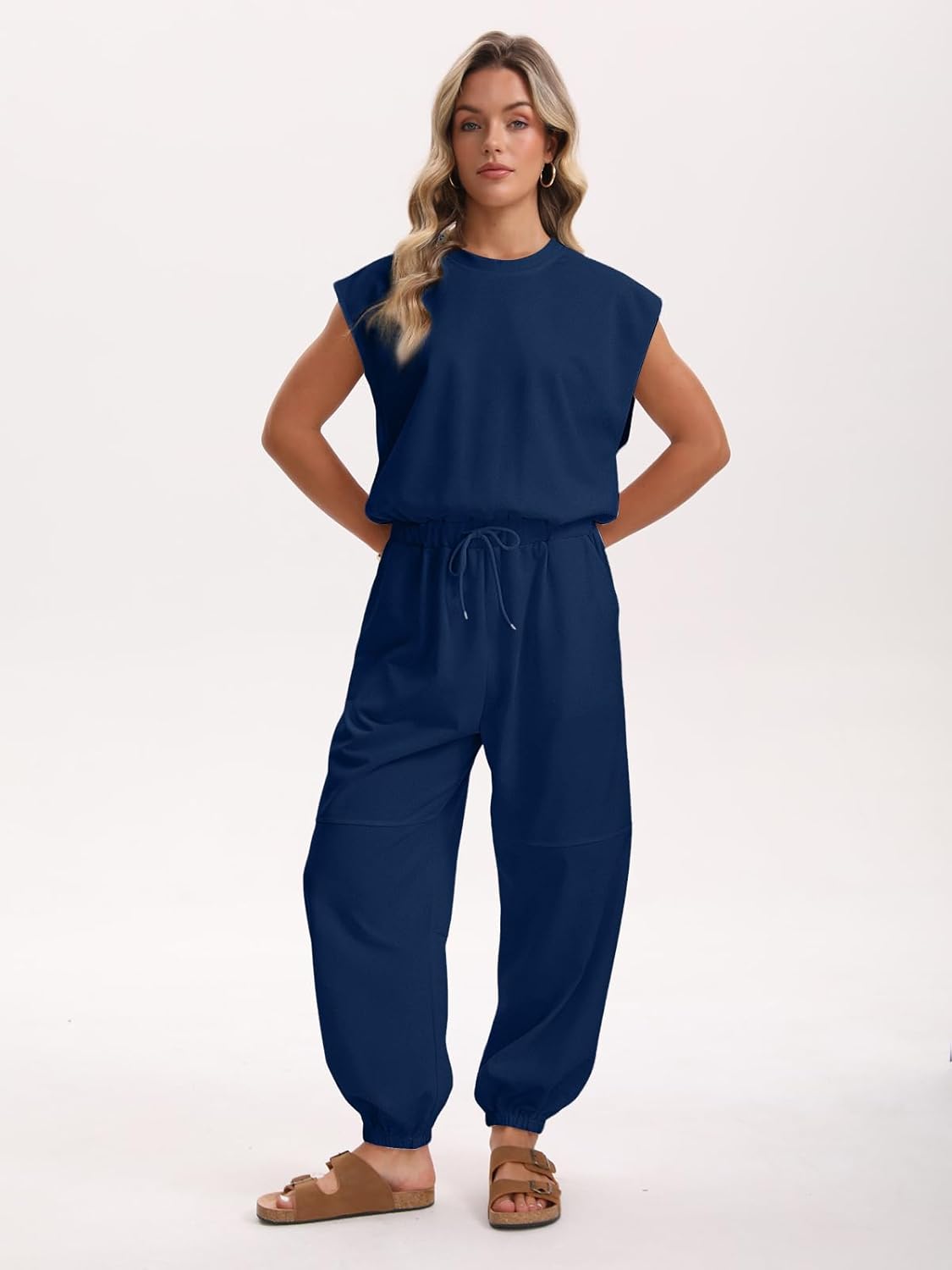 Womens Casual Jumpsuit Crewneck Cap Sleeve Long Wide Leg Pants One Piece Outfits Drawstring Romper with Pockets - Image 2