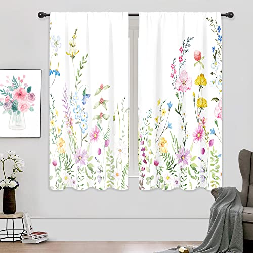 Image of Riyidecor Watercolor Floral Curtains Wildflower Rod Pocket Colorful Flowers Leaves Plants Botanical Women Girls Blossom Spring Nature Rustic Bedroom Living Room Treatment Fabric 2 Panels 42 x 63 Inch