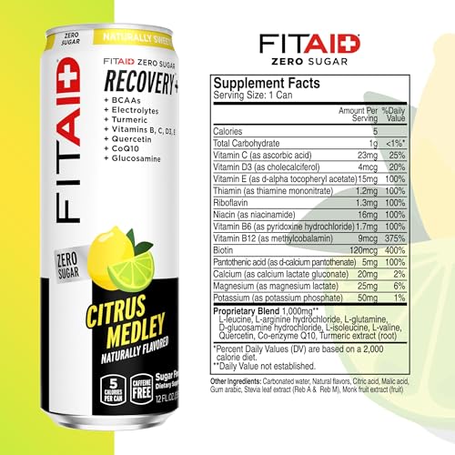 Image of FITAID ZERO Sugar Keto-Friendly Number 1 Post-Workout Recovery Drink Contains Zero Sugar BCAA Glucosamine 5 Calories Keto Variety Pack 12 Fl Oz (Pack of 12) - Packaging May Vary