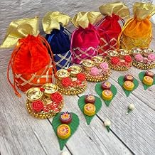 LOVENSPIRE Ganesha Gift Hamper Hindu Religious Ganesh Chaturthi Diwali Teej Sankranti Puja Housewarming Return Gifts - Velvet Potli Bags Haldi Kumkum Packet & Ganesha Haldi Kumkum Holder