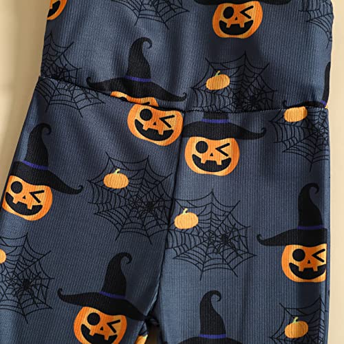 Toddler Baby Girl Floral Jumpsuits Kids Halloween Pumpkin Flower Strap One Piece Overall Romper Flare Pants Clothes (Pumpkin Black,18-24 Months) #TOP4