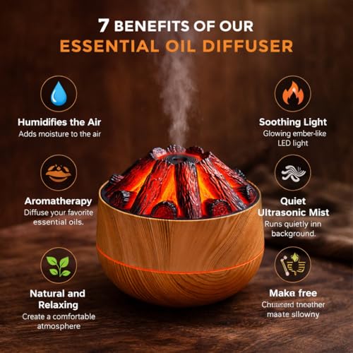 Image of Pure Aroma 300ML Volcano Flame Aroma Diffuser | Ultrasonic Cool Mist Humidifier with LED Flame Effect | Essential Oil Diffuser for Home & Bedroom