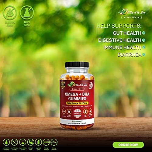 Vita A To Zee Vegetarian Omega 3 6 9 Chewable Supplement With Dha, Vitamin C | 275 Mg | Supports Brain, Joint, Heart, Eye, And Immune System In Men, Women & Kids | Gluten Free, Non-Gmo, 60 Gummies #TOP3