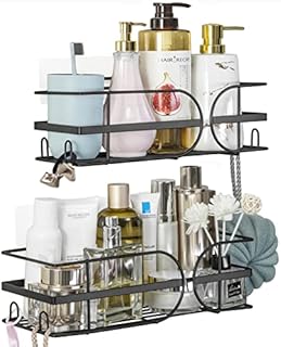 ILAMSHAR Shower Caddy, Bathroom Storage with Hooks, No Drilling Adhesive Shower Shelf, Wall Mounted Bathroom Accessory with bathroom storage & organisation, for Bathroom, Dorm, Toilet, Kitchen