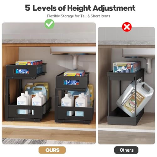 Image of 2-Tier Under Sink Organizer with Sliding Drawers, Pull-Out Cabinet Organizer with Adjustable Height, Kitchen & Bathroom Storage Shelf, Black, 1 Pack