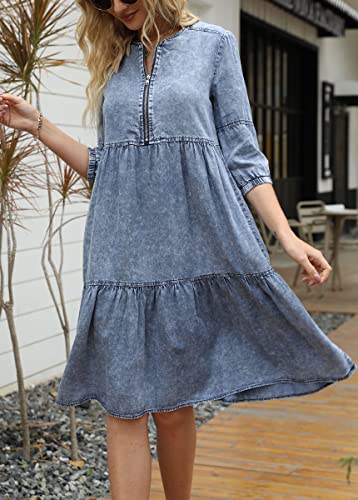 chouyatou Women's Vintage Washed Loose Fit 3/4 Sleeve Tiered Babydoll Mini Denim Jean Dress3